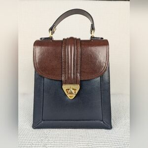 Vintage Navy and Brown Mini Bag With Gold Accents And Detachable Strap